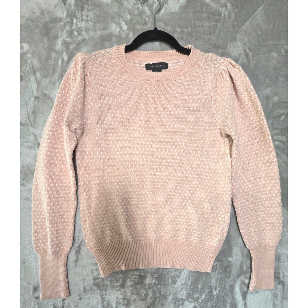 Tahari Womens Pink White Pointelle Puff Sleeve Knit Sweater RN75343 Small